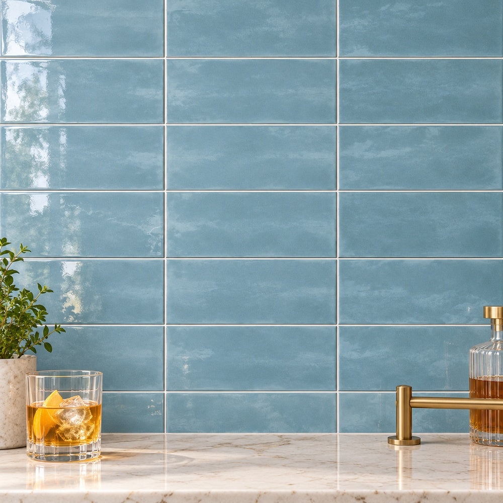 San Fran Volga Blue 4x10 Glossy Ceramic Subway Tile — corrected generated wall installation scene