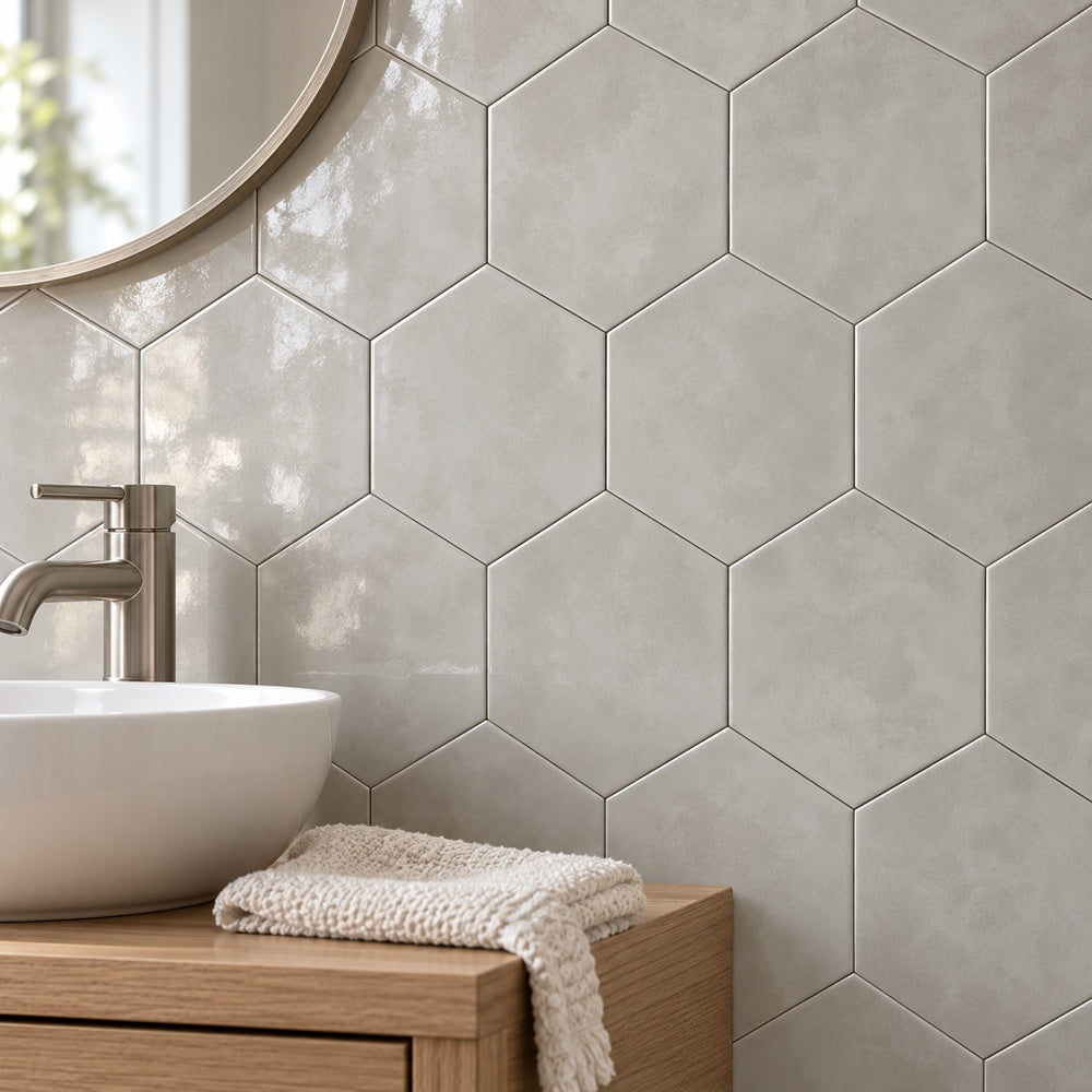 San Fran Gray 7x8 Hexagon Ceramic Tile Glossy — generated wall installation scene