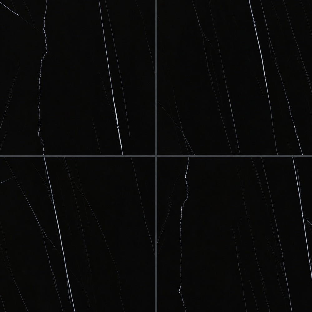 Eterna Fortaleza Black Marquina 48x48 Glossy/Matte Porcelain Tile — installed close-up, four equal 48-inch squares