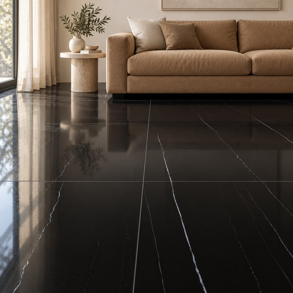 Eterna Fortaleza Black Marquina 48x48 Glossy/Matte Porcelain Tile — generated installation scene