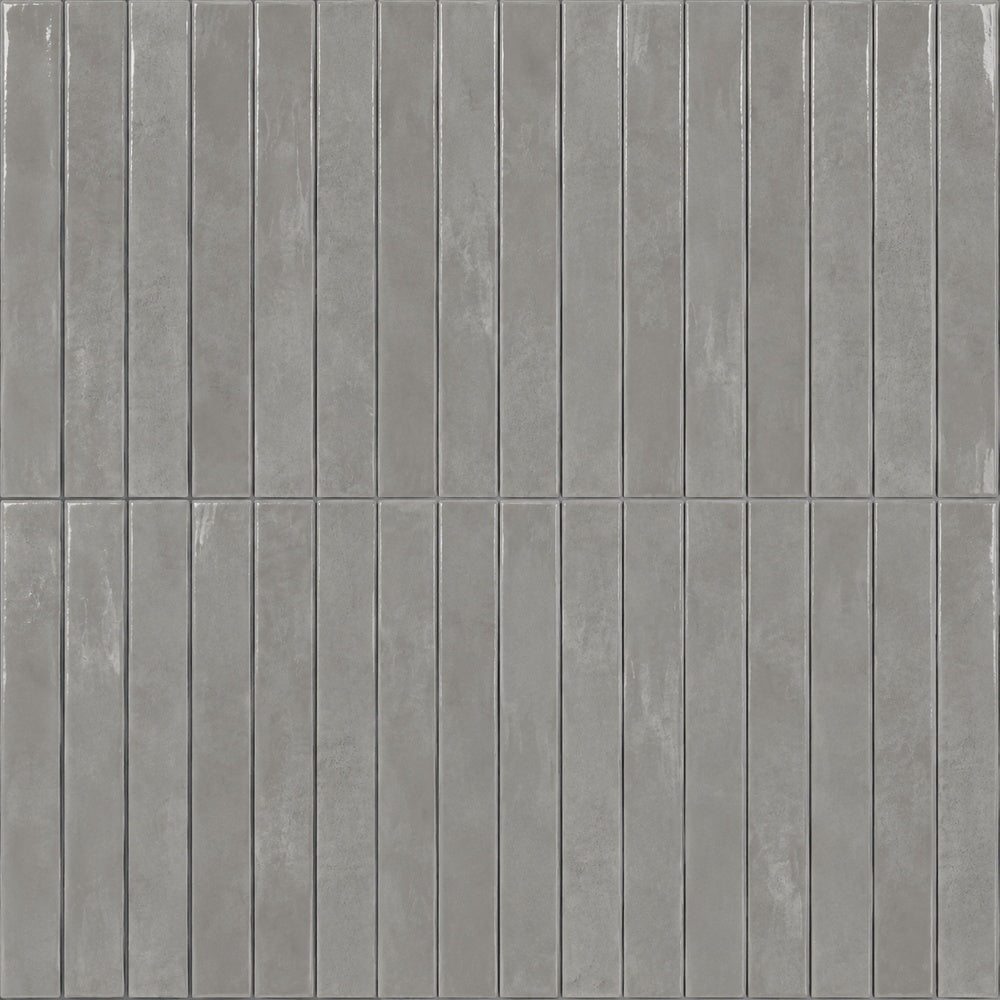 Zellure Ashen Gray 2x16 glossy wall tile — installed close-up