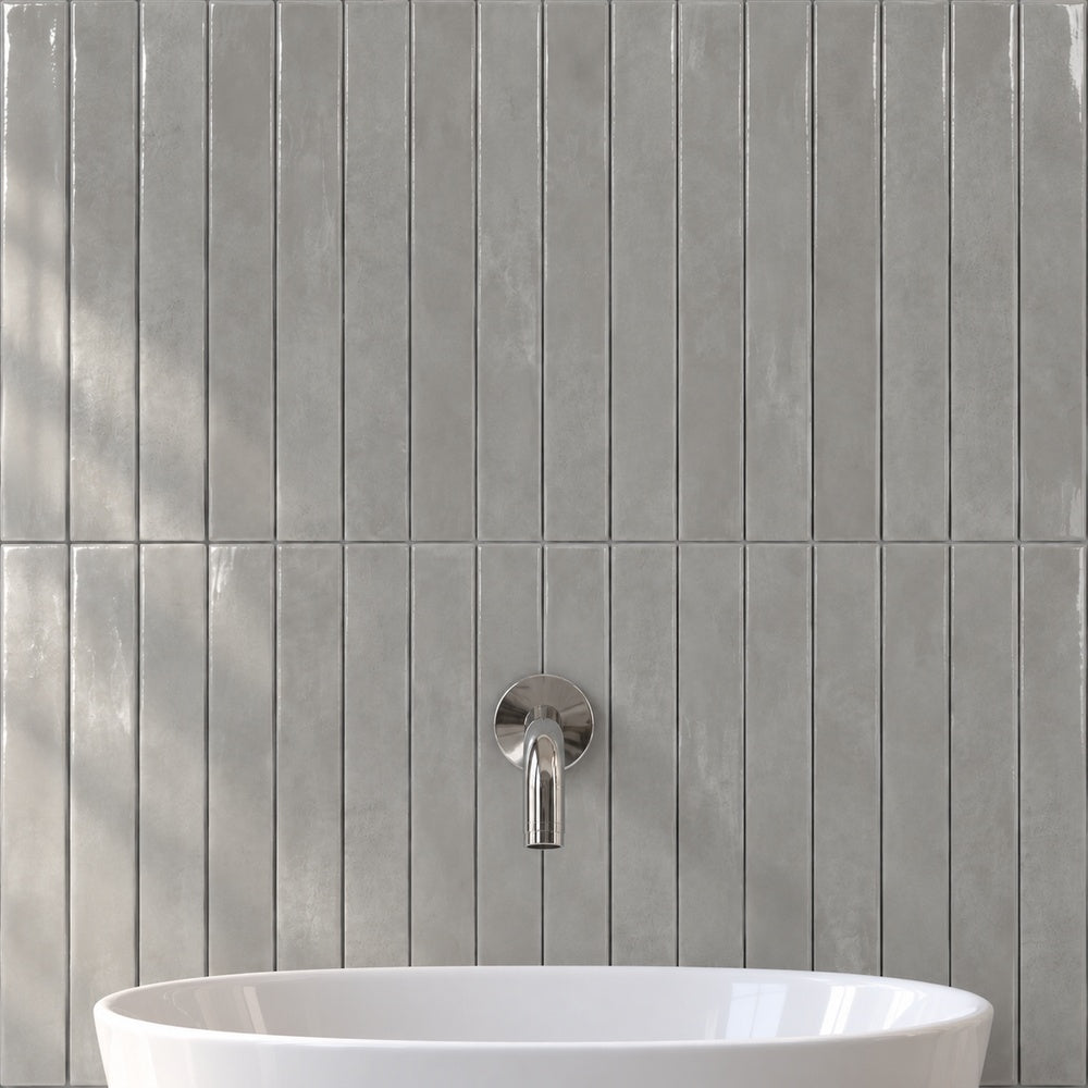 Zellure Ashen Gray 2x16 glossy wall tile — generated wall installation scene