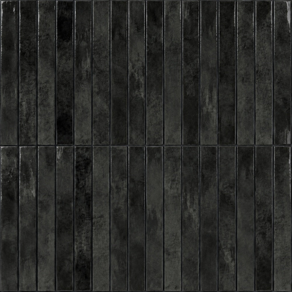 Zellure Nimbus Gray 2x16 glossy wall tile — installed close-up