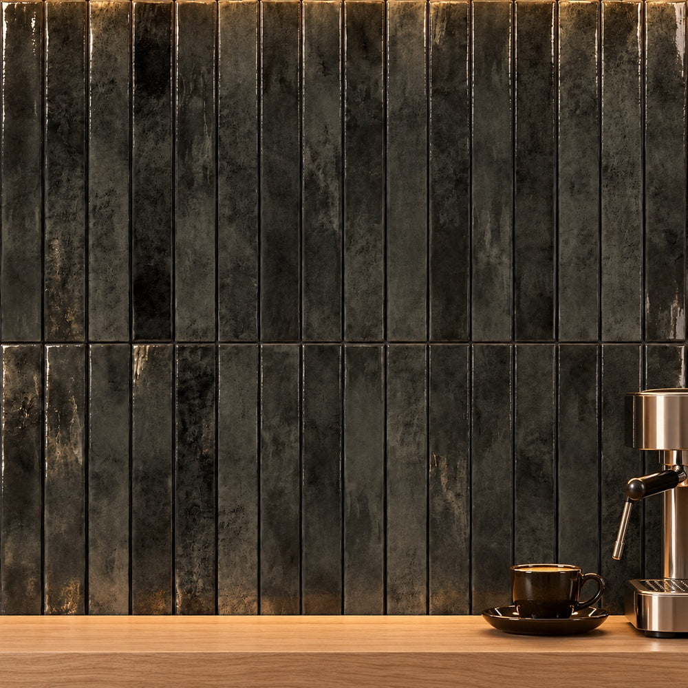 Zellure Nimbus Gray 2x16 glossy wall tile — generated wall installation scene