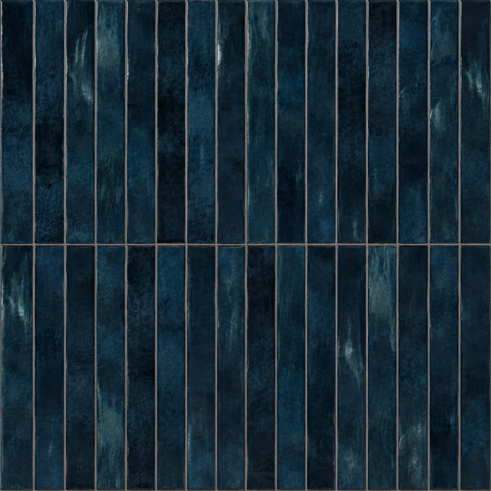 Zellure Celadon Blue 2x16 glossy wall tile — installed close-up