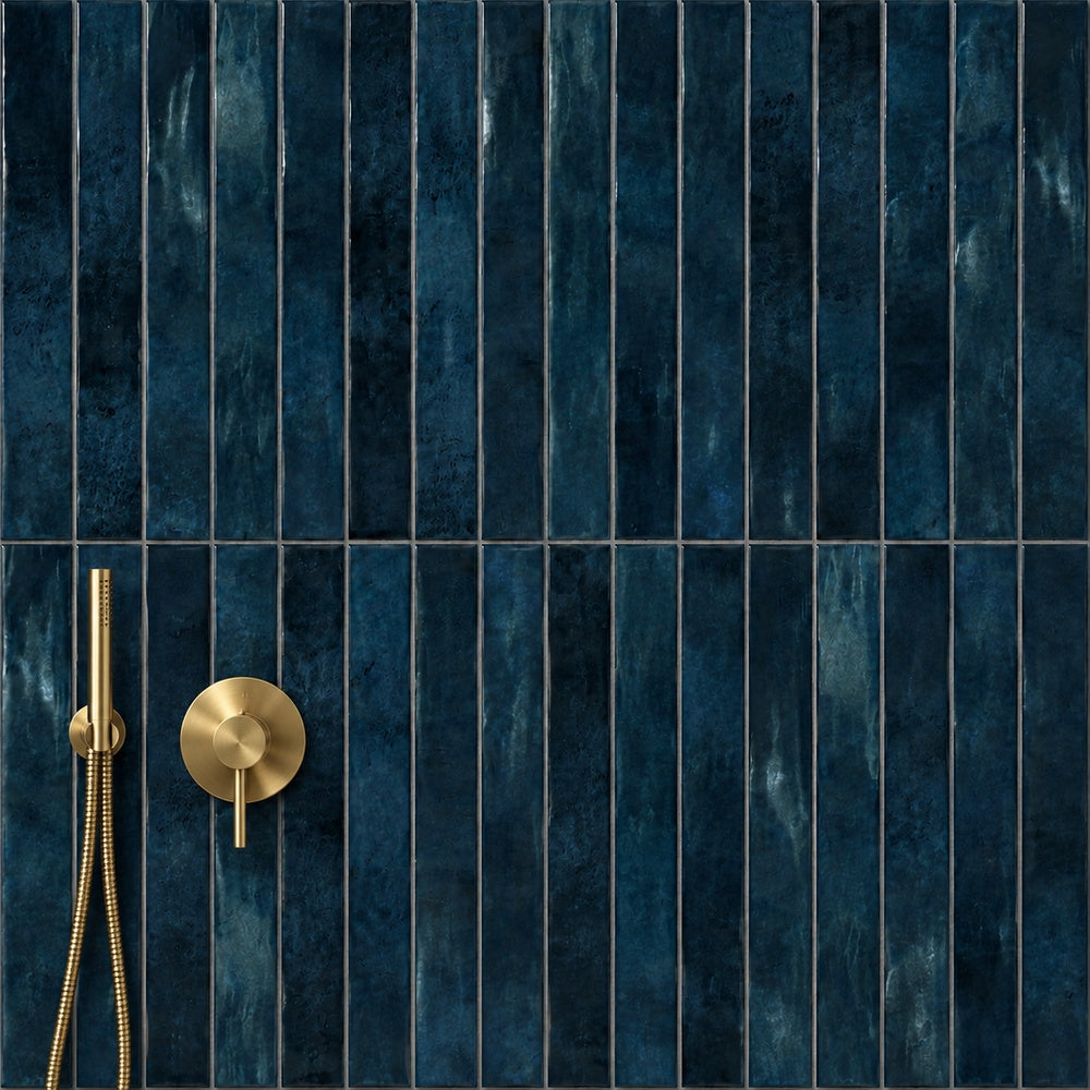 Zellure Celadon Blue 2x16 glossy wall tile — generated wall installation scene