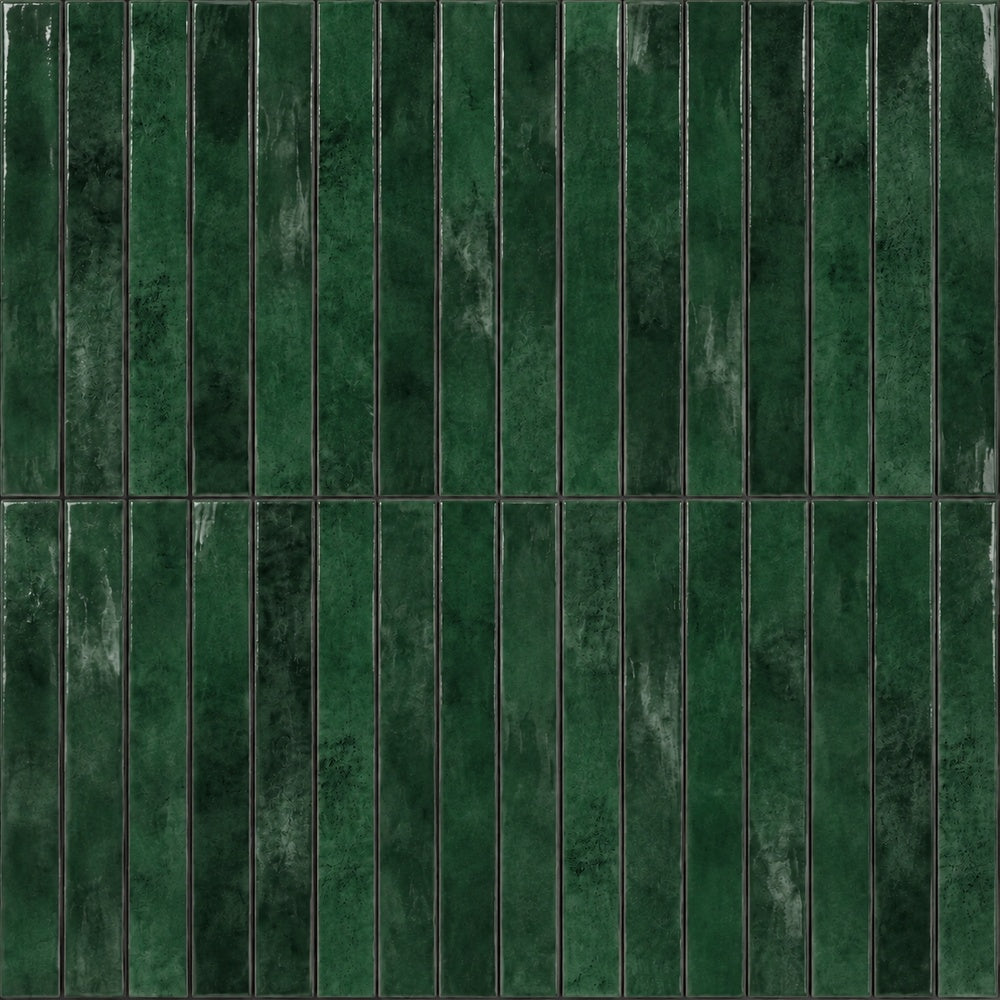 Zellure Verdal Green 2x16 glossy wall tile — installed close-up
