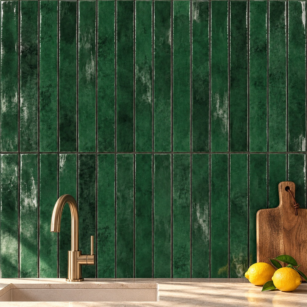 Zellure Verdal Green 2x16 glossy wall tile — generated wall installation scene