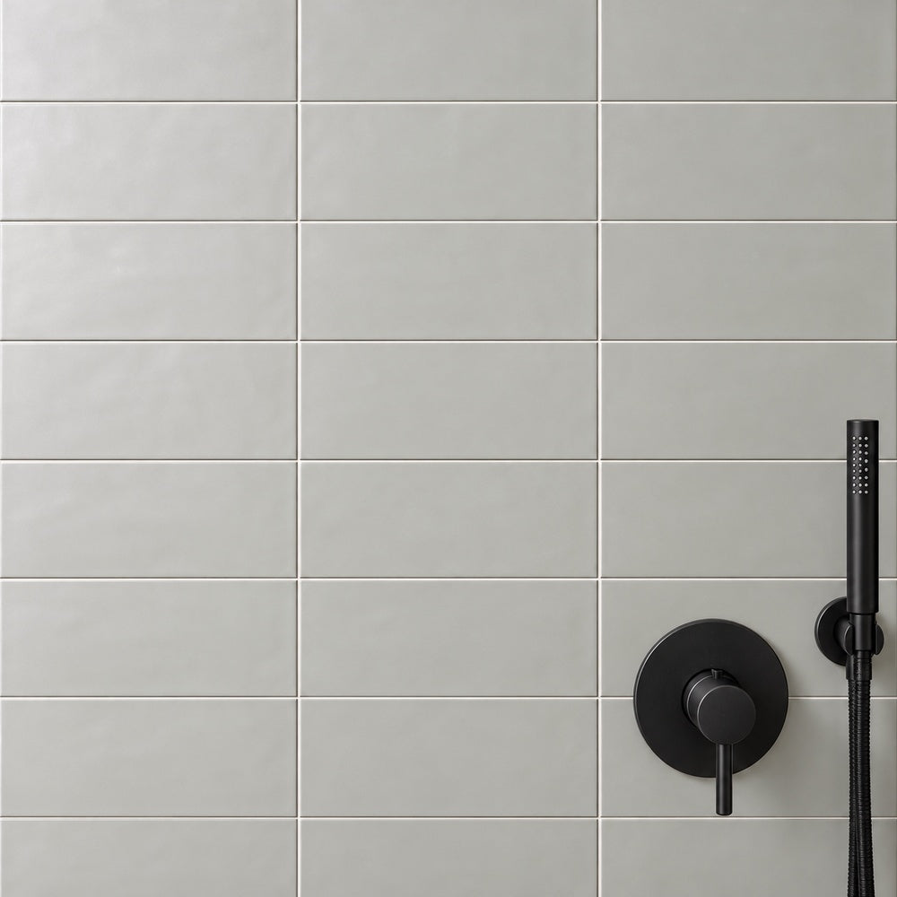 San Fran Gray 4x10 Matte Ceramic Subway Tile — corrected generated wall installation scene