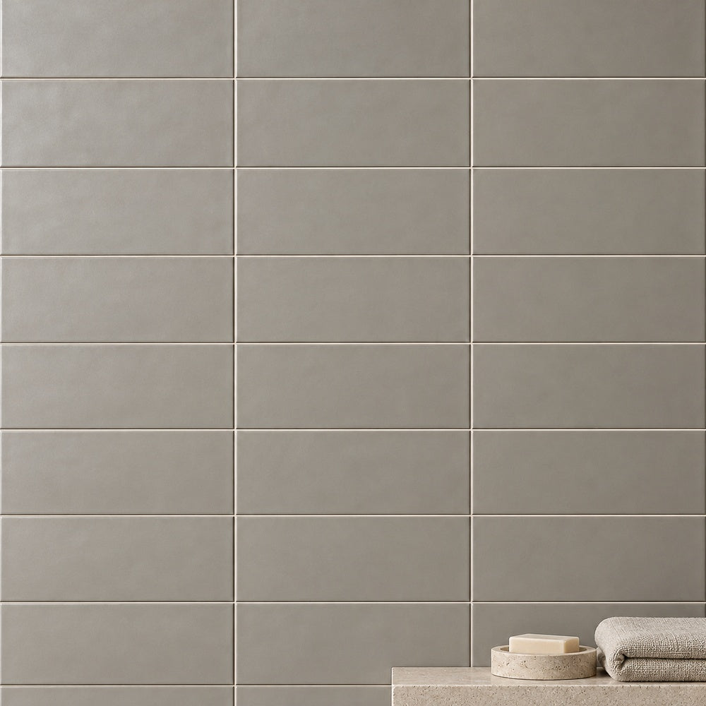 San Fran Taupe 4x10 Matte Ceramic Subway Tile — corrected generated wall installation scene