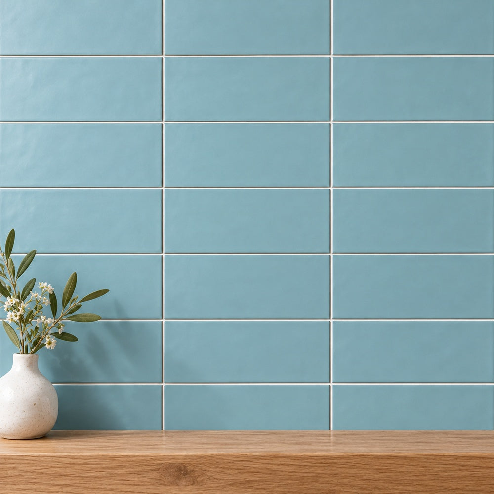 San Fran Volga Blue 4x10 Matte Ceramic Subway Tile — corrected generated wall installation scene