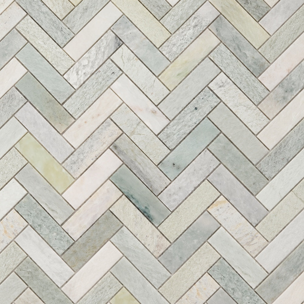 Tesserae Green 11x12.5 Mosaic Tile — installed close-up