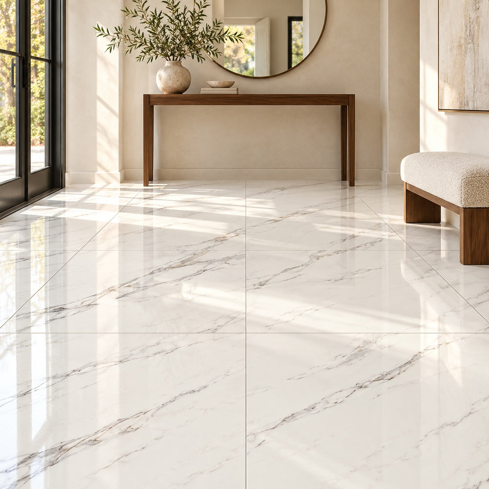 Celeste Superwhite 35x35 Polished Porcelain Tile - installation view