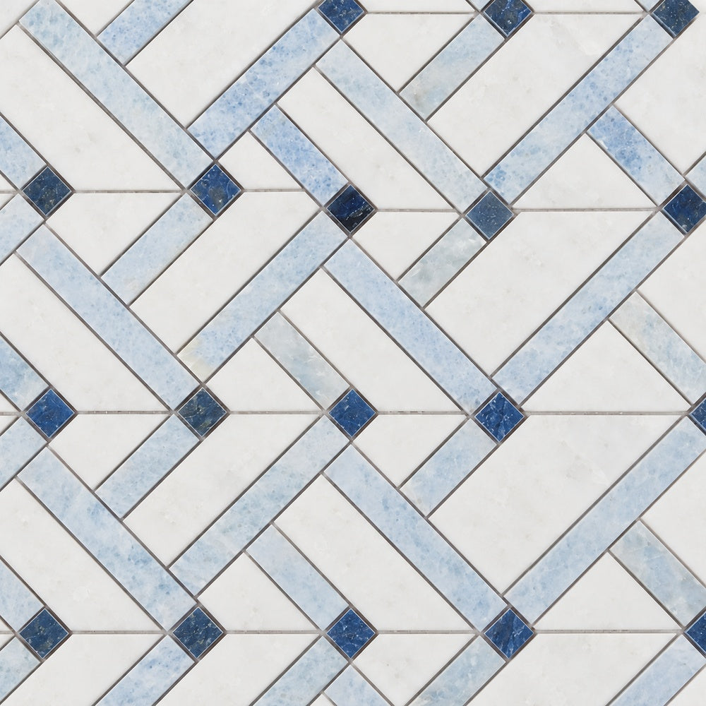 Tesserae Herringbone Royal Sapphire 11.75x12.25 Marble Mosaic Tile — installed close-up