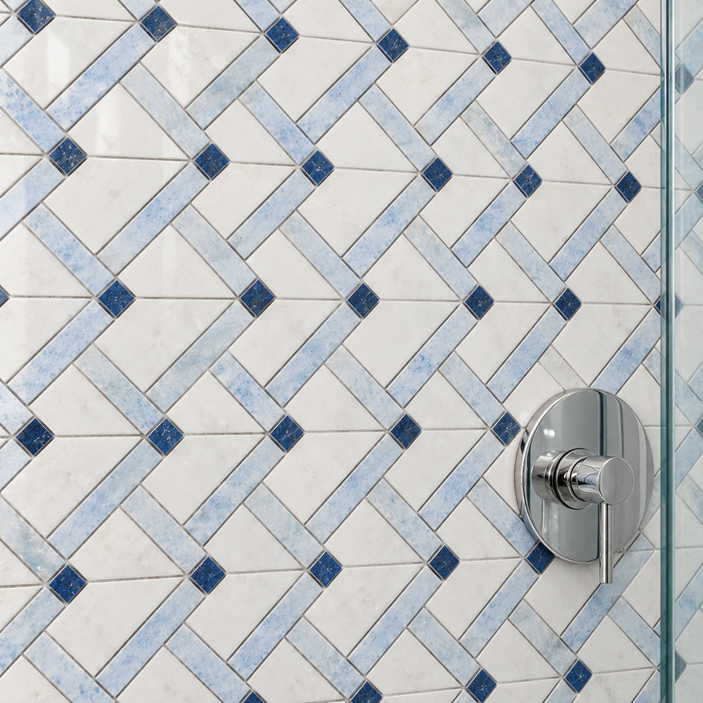 Tesserae Herringbone Royal Sapphire 11.75x12.25 Marble Mosaic Tile — generated wall installation scene