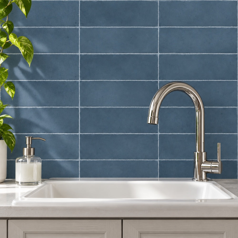 Milare Blu 3x9 Porcelain Tile room installation scene