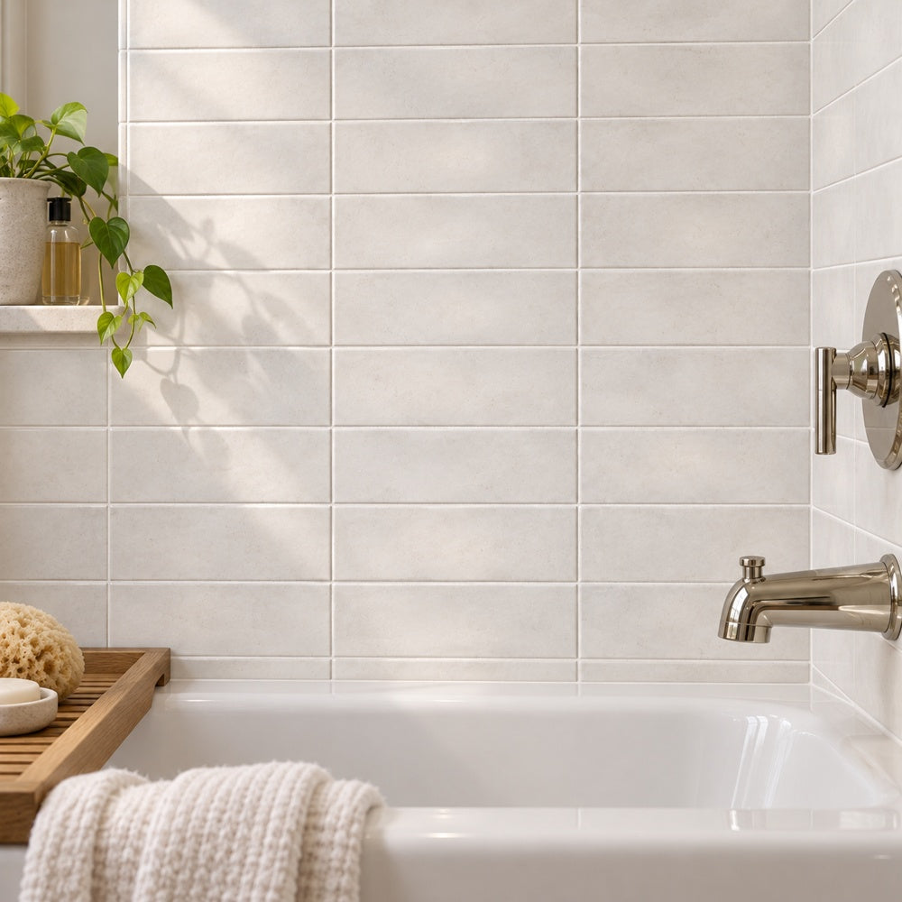 Milare Gesso 3x9 Porcelain Tile - installed wall view
