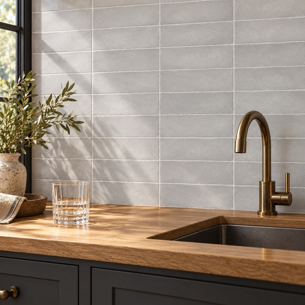 Milare Grigio 3x9 Porcelain Tile - installed wall view