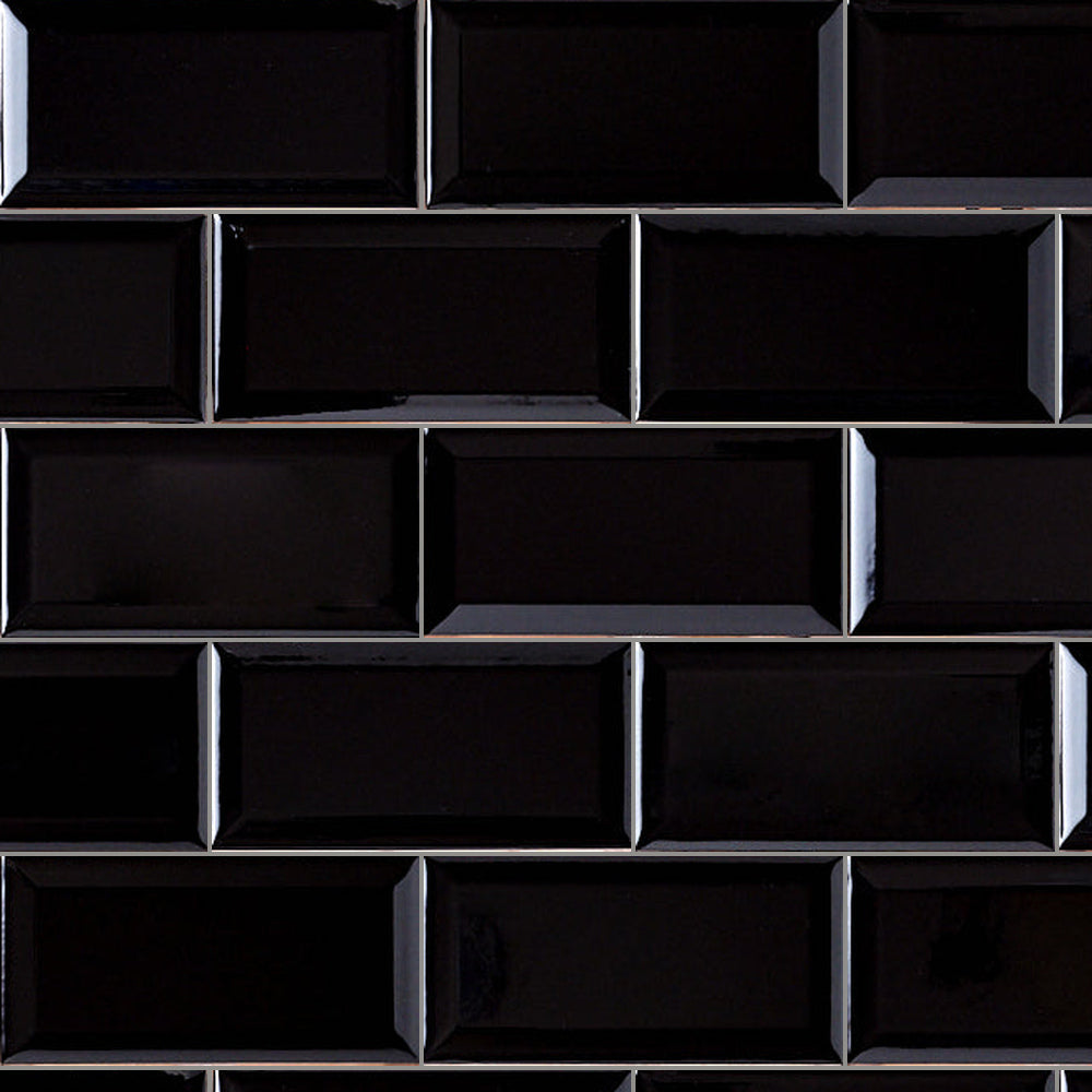 Timeless Jet Black 3x6 Beveled Ceramic Tile Glossy close-up