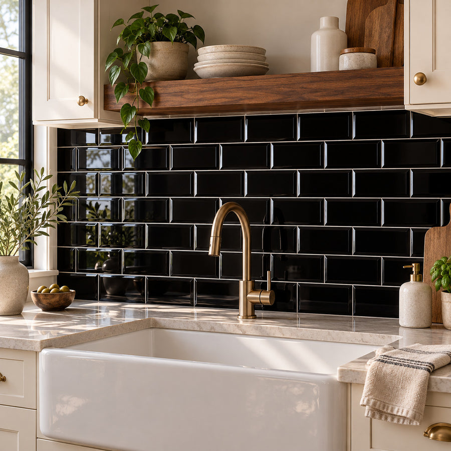 Timeless Jet Black 3x6 Beveled Ceramic Tile Glossy