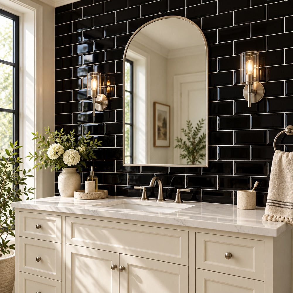timeless jet black 3x6 beveled ceramic tile glossy room2
