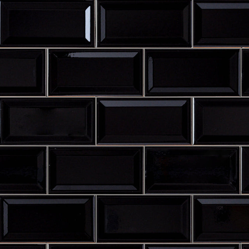 Timeless Jet Black Reversed Beveled 3x6 Ceramic Subway Tile close-up