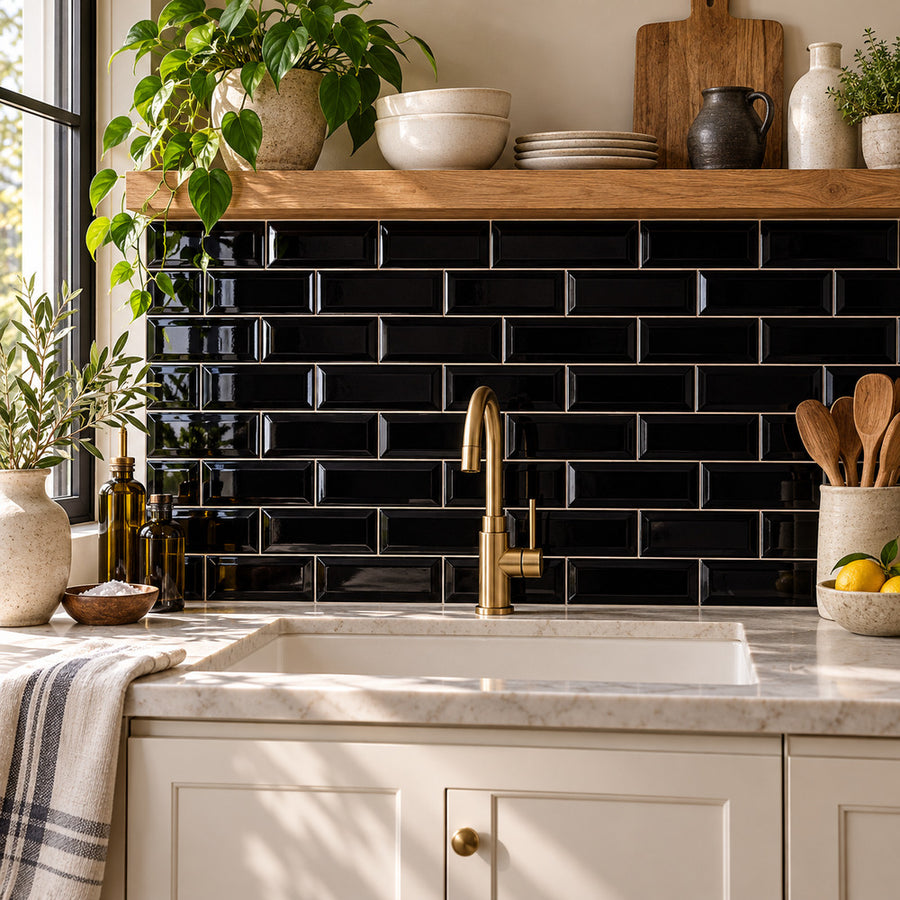 Timeless Jet Black Reversed Beveled 3x6 Ceramic Subway Tile