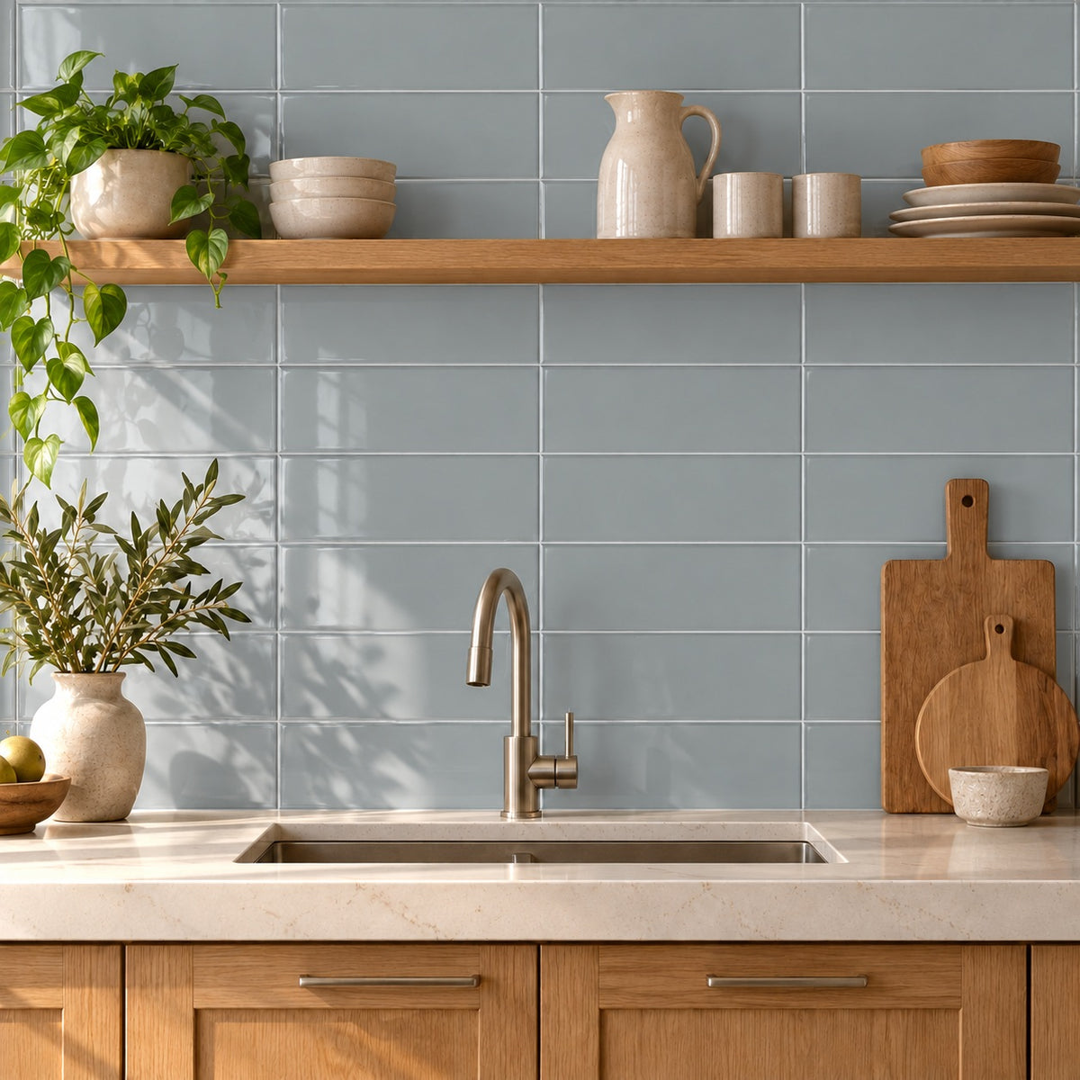 Timeless Mist 4x12 glossy ceramic tile — kitchen room visualization