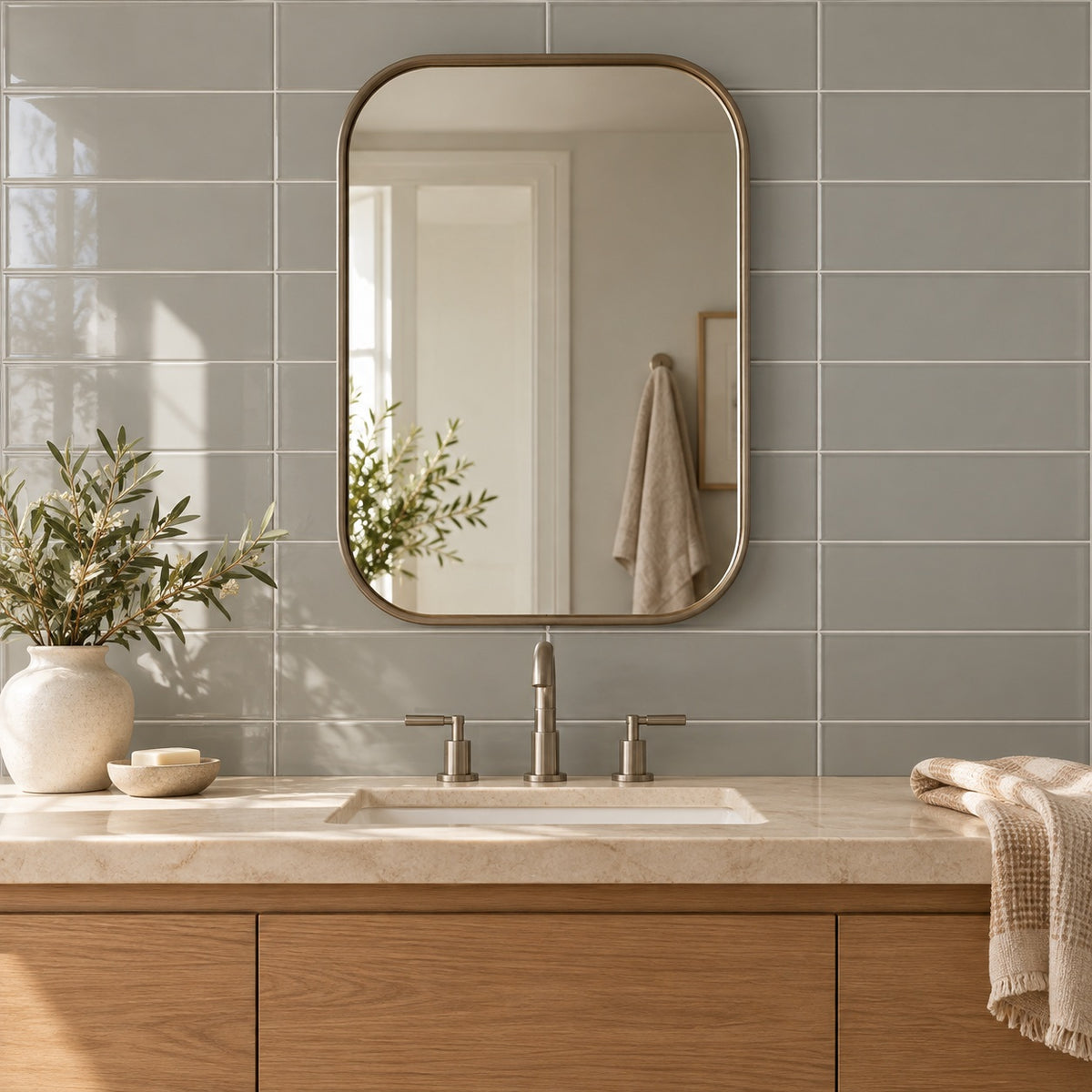 Timeless Neu Gray 4x12 glossy ceramic tile — bathroom room visualization
