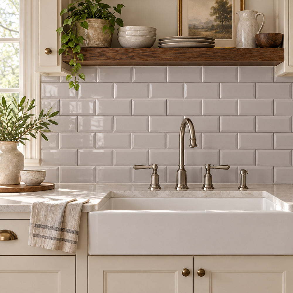timeless soft gray beveled 3x6 ceramic tile glossy room1