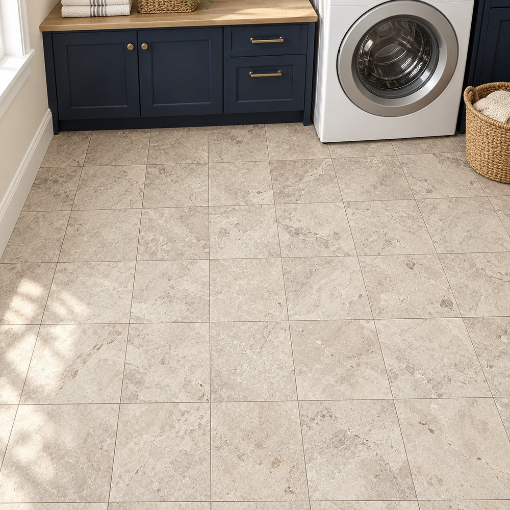 Tundra Gray Marble 12x12 Field Tile Polished & Honed installed room scene