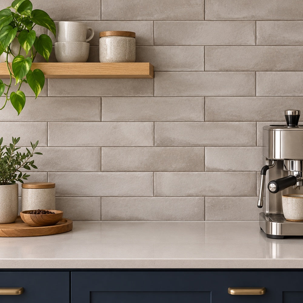 Urban Brick Taupe 3x12 ceramic tile coffee corner room installation