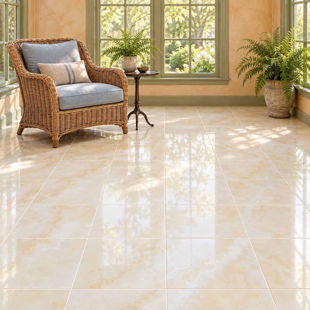 Vanilla Onyx Cross Cut 12x12 polished sunroom floor room scene