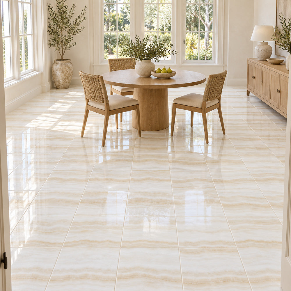 Vanilla Onyx Vein Cut 12x12 Polished Field Tile — generated room installation scene