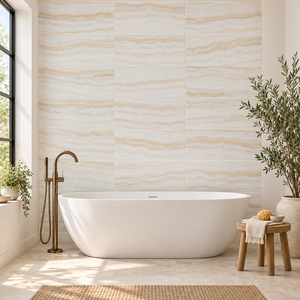Vanilla Onyx Vein Cut 12x24 Polished Field Tile — generated room installation scene