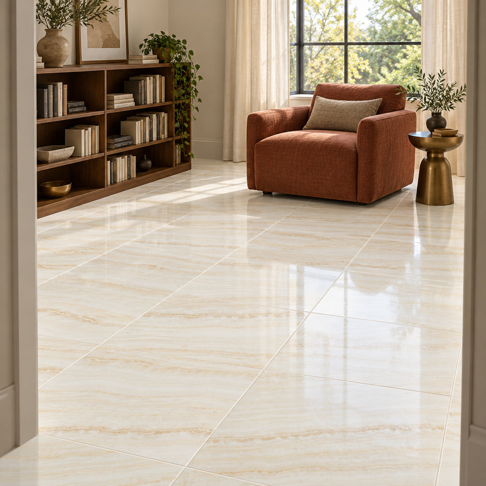Vanilla Onyx Vein Cut 18x18 Polished Field Tile — generated room installation scene