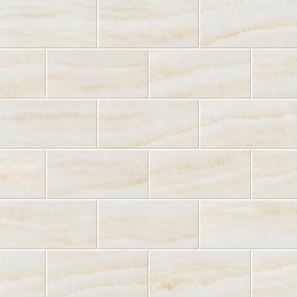Vanilla Onyx Vein Cut 3x6 Polished Subway Tile — installed close-up