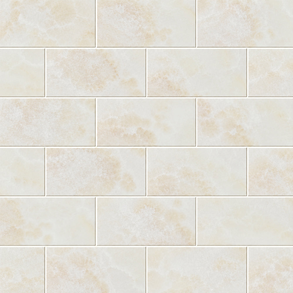 Vanilla Onyx Cross Cut 3x6 Polished Subway Tile — installed close-up