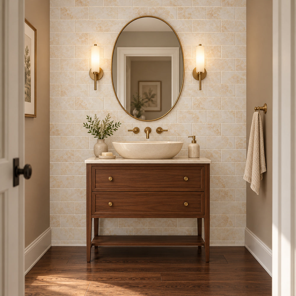 Vanilla Onyx Cross Cut 3x6 Polished Subway Tile — generated room installation scene