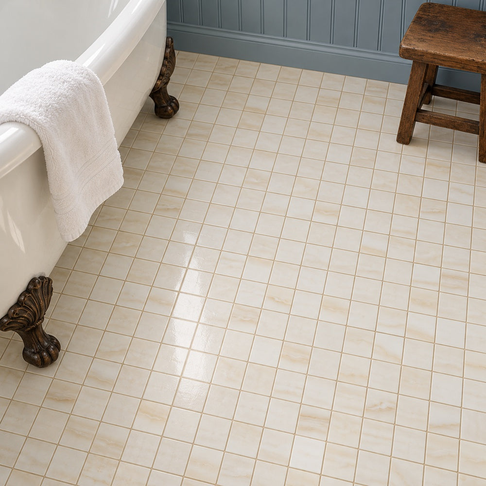 Vanilla Onyx Vein Cut 2x2 mosaic floor room scene