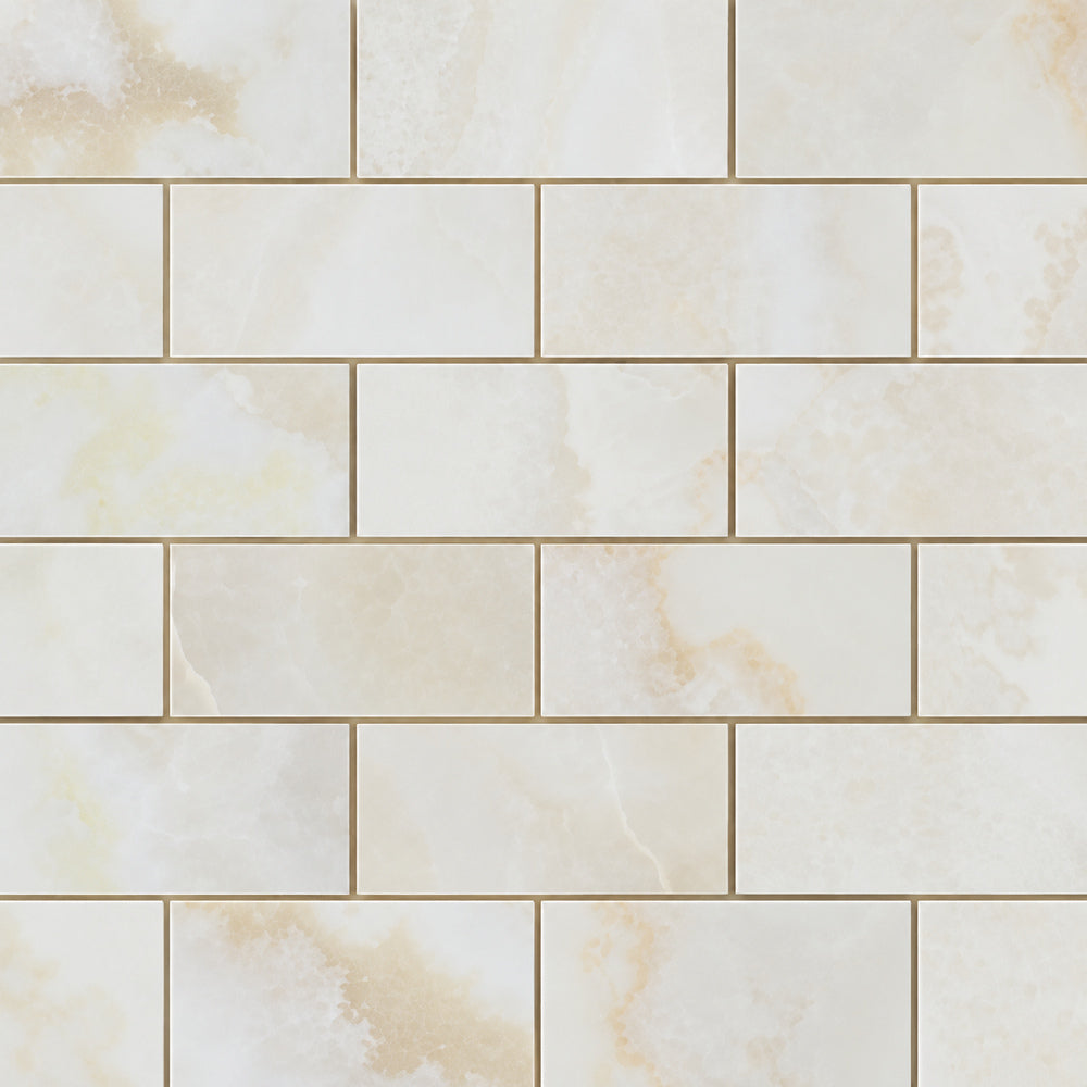 Vanilla Onyx Cross Cut 2x4 Brick Mosaic Tile Polished — installed close-up