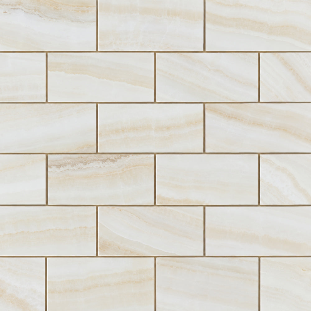 Vanilla Onyx Vein Cut 2x4 Brick Mosaic Tile Polished — installed close-up