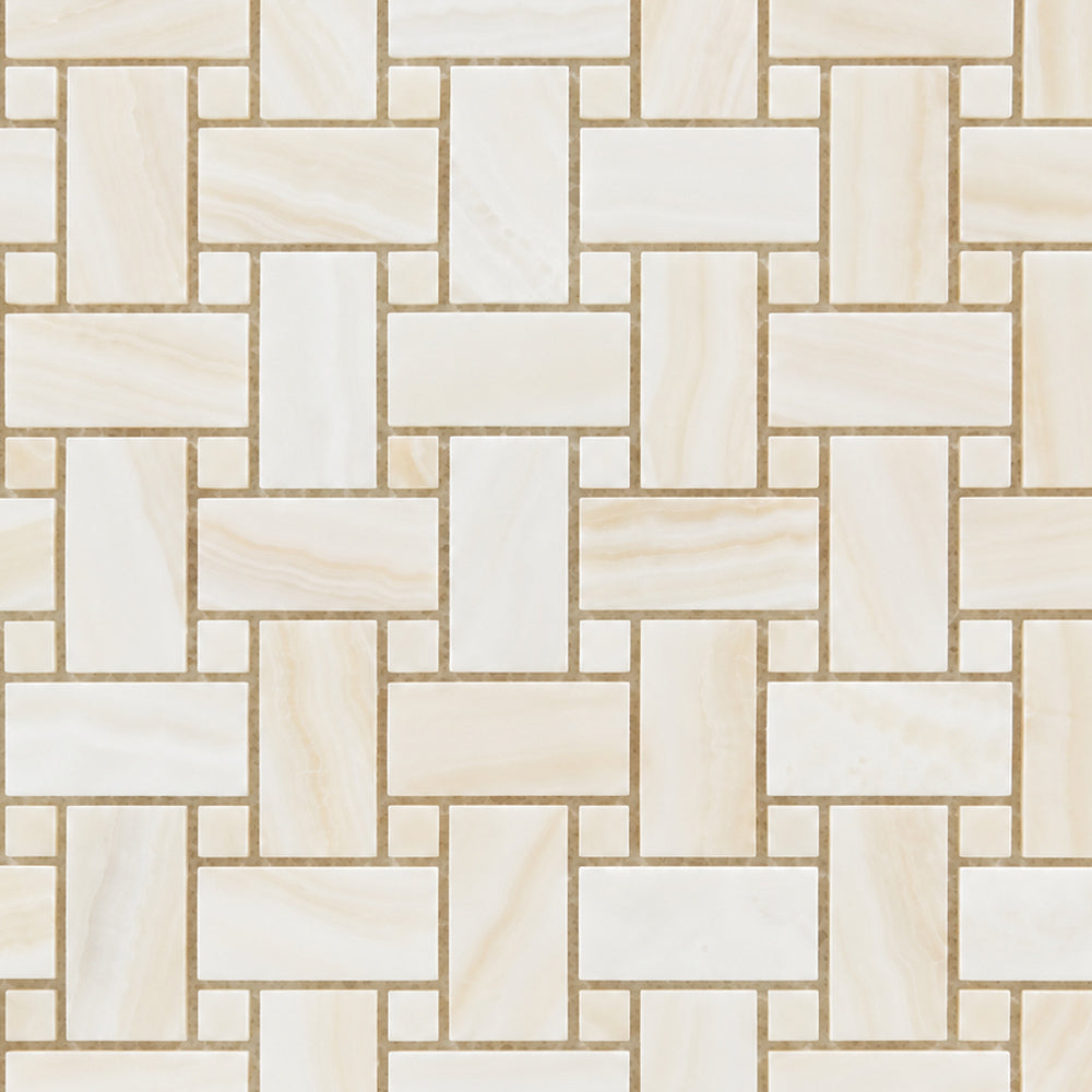 Vanilla Onyx Vein Cut Basketweave Mosaic Tile Polished — installed close-up