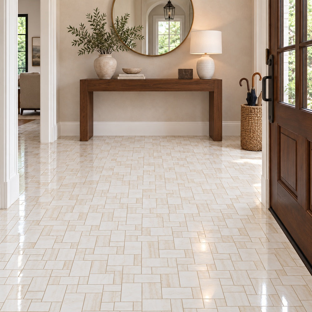 Vanilla White Onyx Mini Pattern — corrected small-scale floor room installation, largest square approximately 6 inches