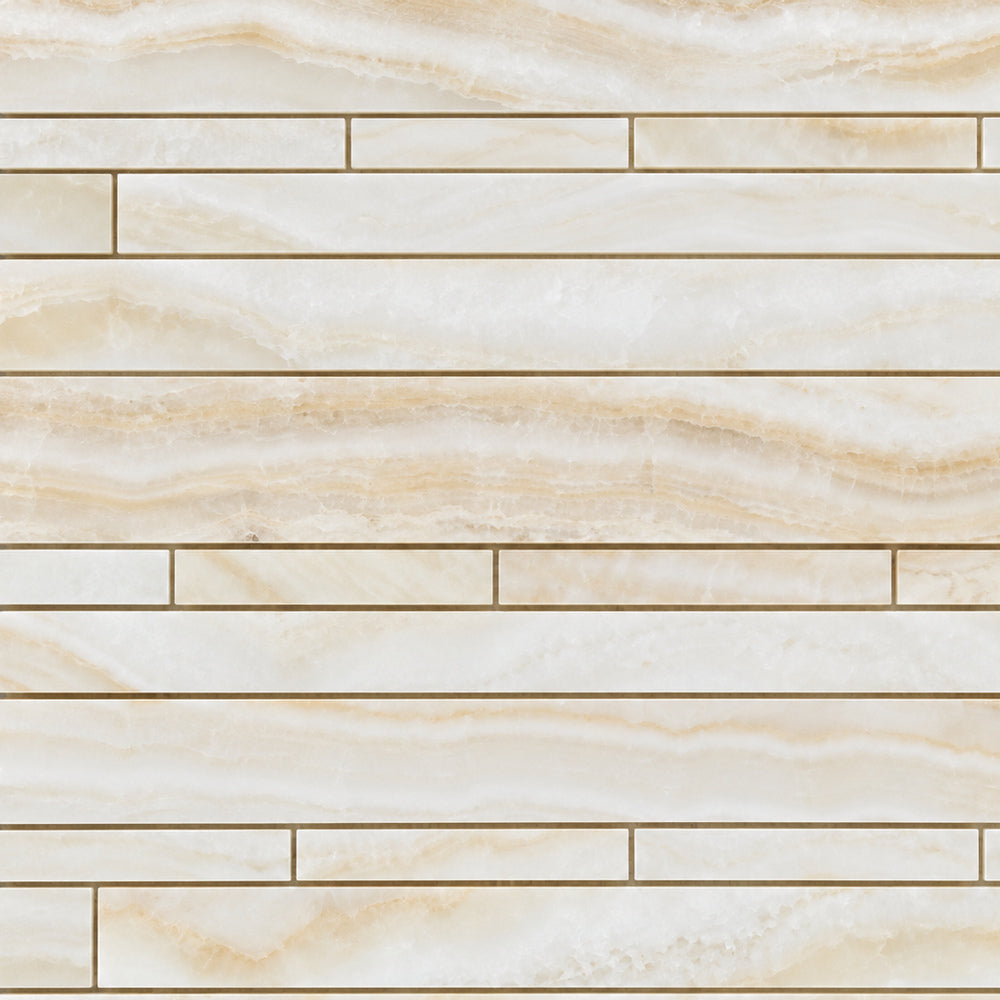 Vanilla Onyx Vein Cut Random Strip Polished Mosaic — installed close-up