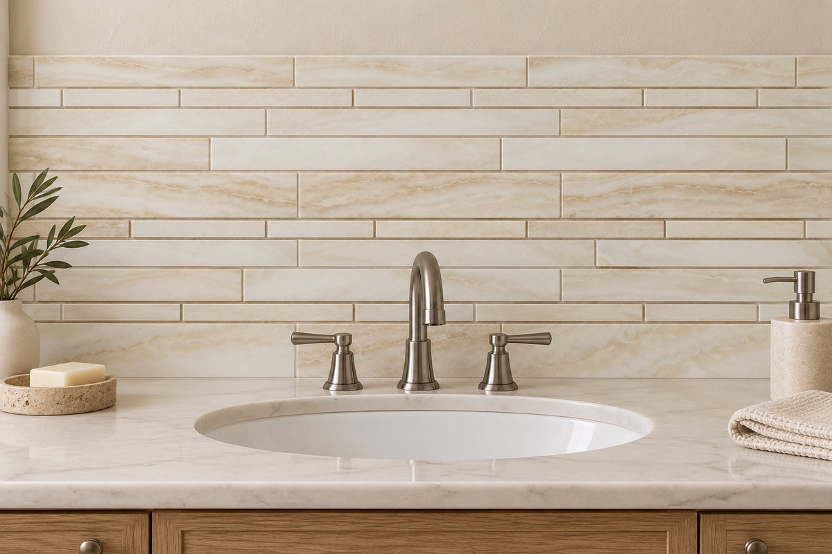 Vanilla Onyx Random Strip — user-selected sink backsplash installation