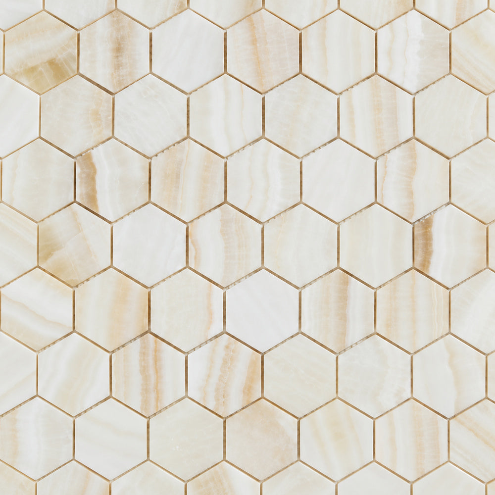 Vanilla Onyx Vein Cut 2" Hexagon Polished Mosaic — installed close-up