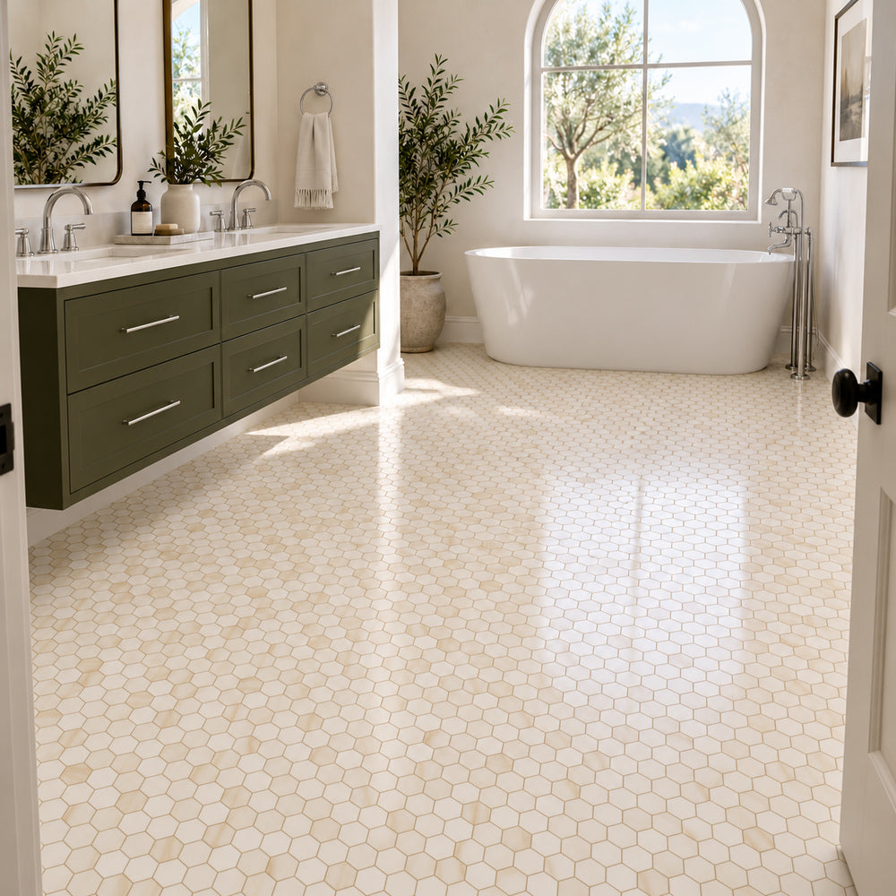 Vanilla Onyx Vein Cut 2" Hexagon Polished Mosaic — generated room installation scene
