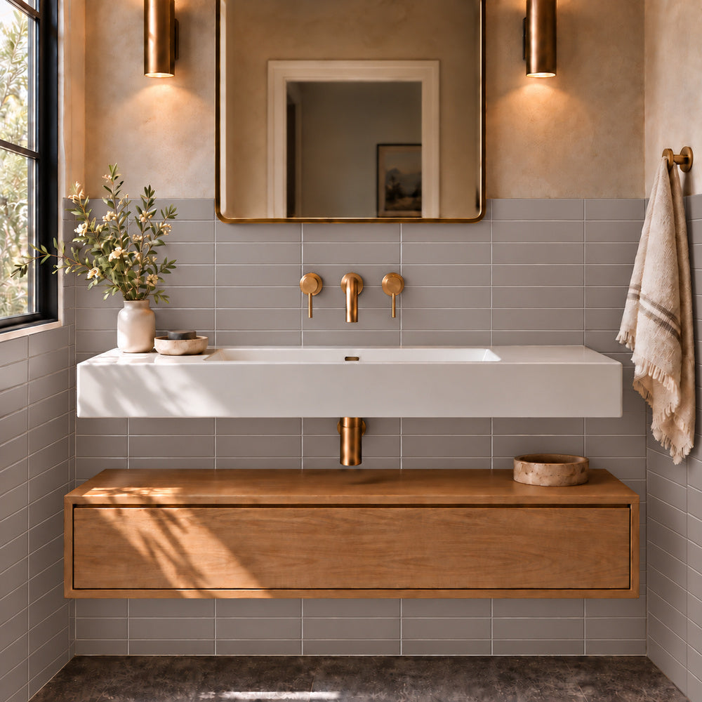 Venice Acero 2x10 ceramic wall tile in bathroom with straight aligned grout joints