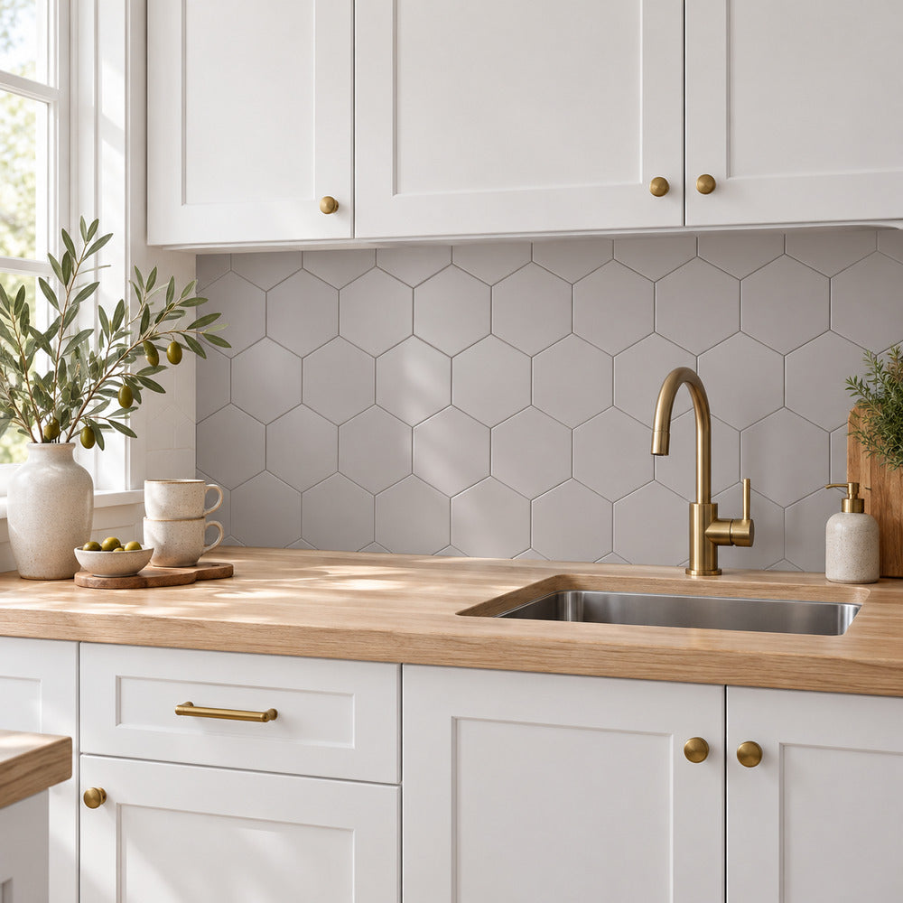 Venice Acero 5x6 hexagon porcelain tile kitchen scene